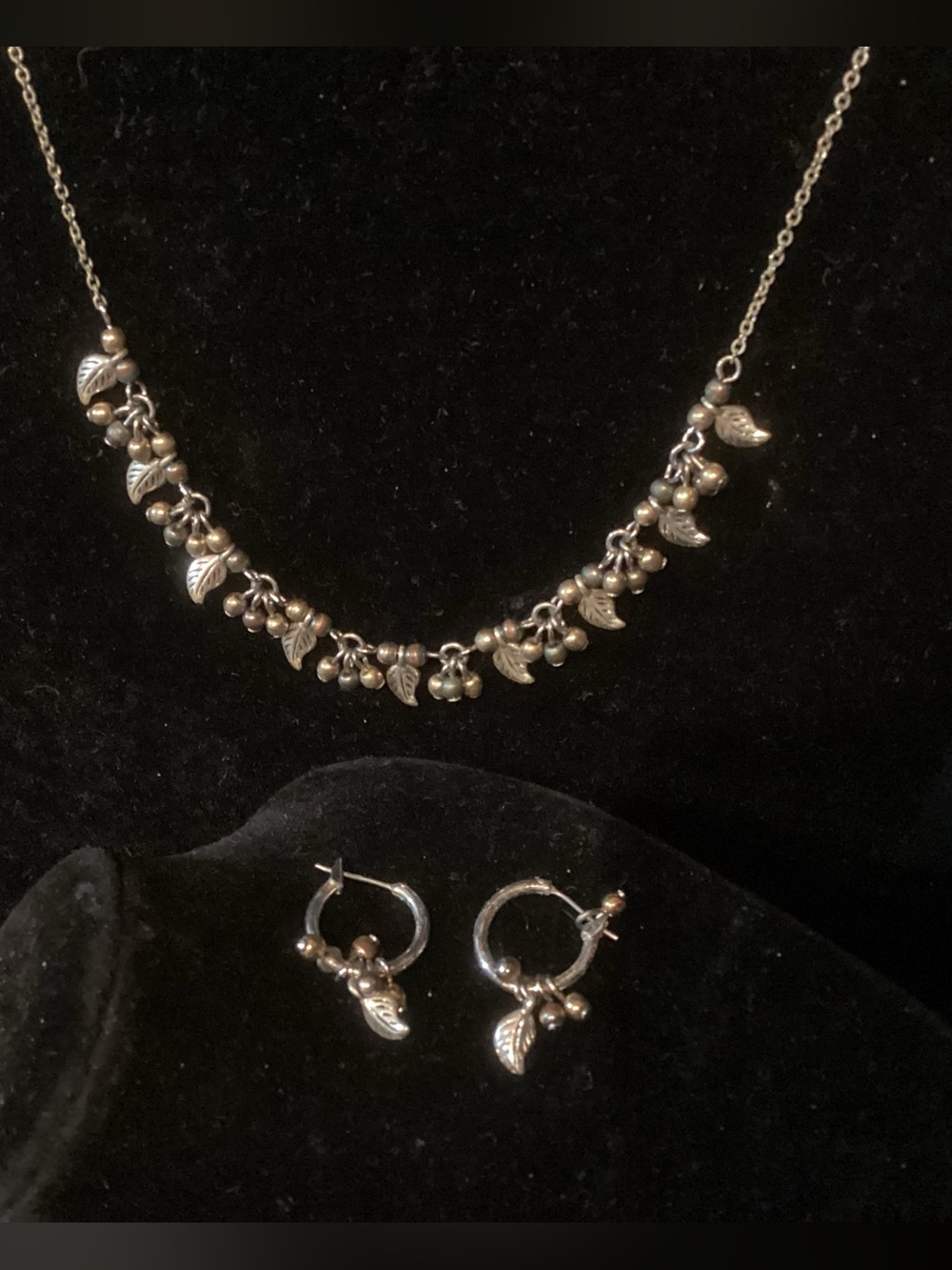 Silver Leaf Charm Necklace and Hoop Earring Set